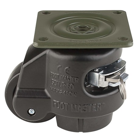 FOOT MASTER Leveling Caster, Ratchet, 63 mm Nylon Wheel, 90x90 mm Plate, Swivel, 550 kg Cap, NBR Foot Pad, Black GDR-80-F-NYN-FBL